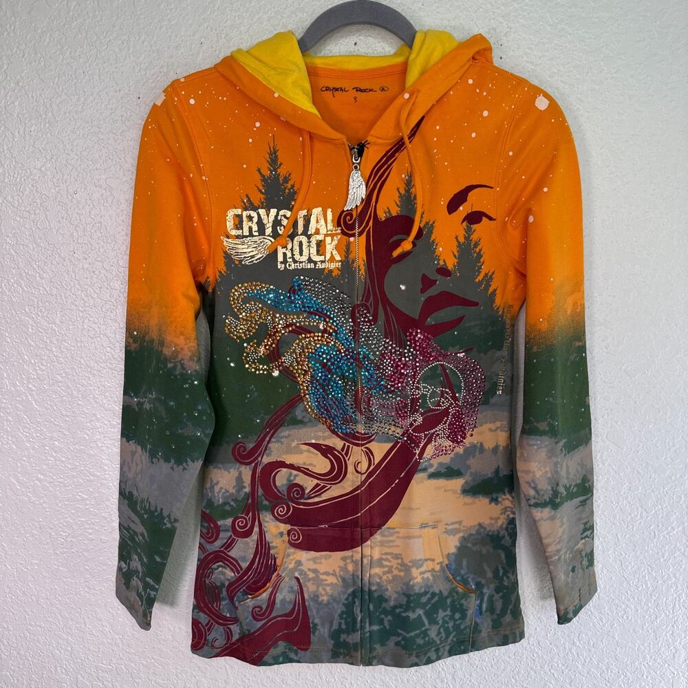 Christian Audigier Y2K Jacket Womens Small Crystal Rock Rhinestone Art Hoodie